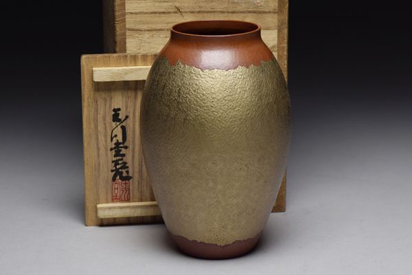 玉川堂製棗形荒胴銅起一枝瓶/共箱】 金工銅器花器花瓶煎茶道具 【公式