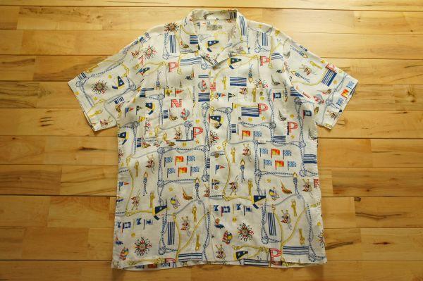 W0192美品*パパスPapas*総リネン/マリン柄アロハシャツ