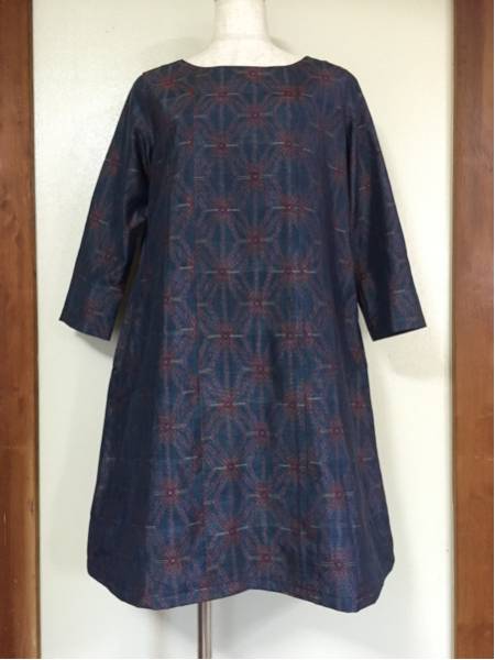 古布本場大島紬からリメイクAラインワンピースＬ