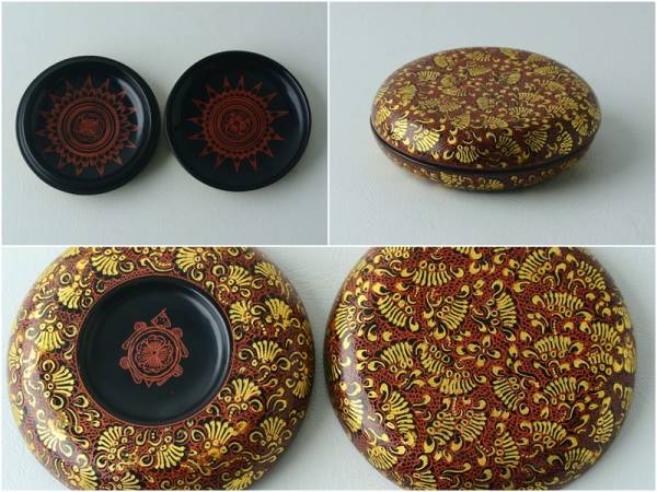 ☆月3527輪島塗 重箱揃 二段重 蓋盆 彫金毬花絵模様 お重 共箱