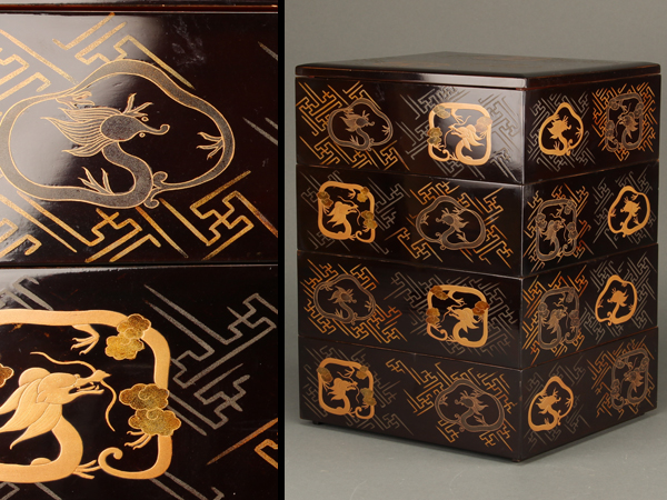 漆器 重箱 四段 蒔絵 螺鈿 懐石道具 流】茶懐石道具 漆塗蒔絵四段重箱 箱付 古美術品 GF472