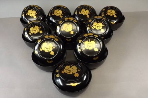 ◆　木製漆器　◇輪島塗　厚物椀　牡丹高蒔絵　10客◇