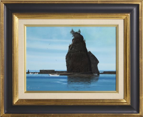 真作」阪本修次『海辺の家』風景画 油彩画 額装 サイン有り F8号 真作
