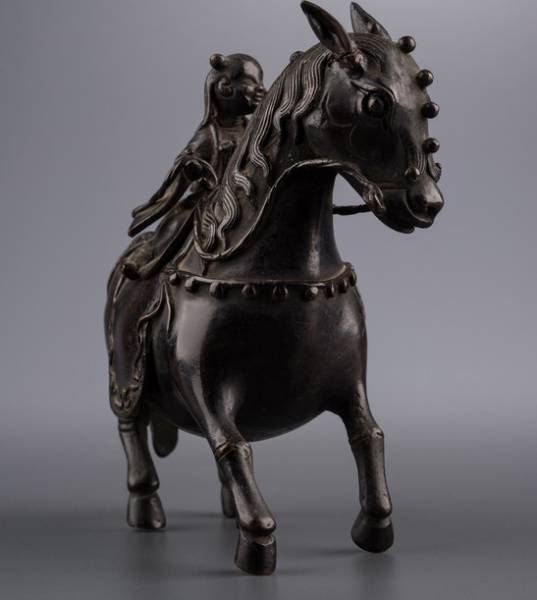 唐物 中国美術 古銅 中国古玩 銅製 時代古銅製馬唐子乗香炉 香炉 置物