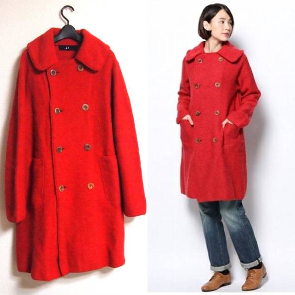 14AW*45R（45rpm）ウールアルパカ縮絨Pコート3赤 レッド 藍 ☆良質な