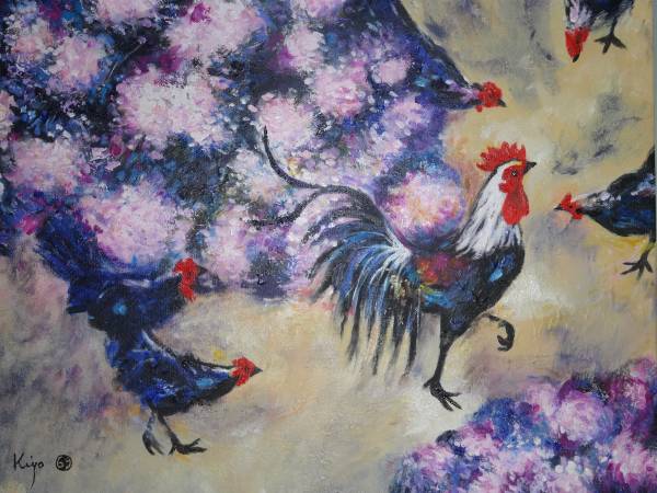 清原啓一　【遊鶏】　油彩　 ８号 　額装