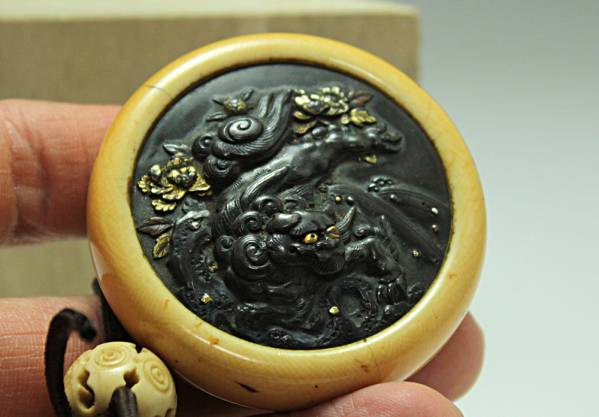 在庫処分 象牙 金工 高肉金象嵌 根付 提げ物印籠 1127