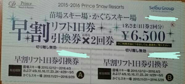 施設利用券 苗場スキー場・かぐらスキー場 リフト1日券×2引換券