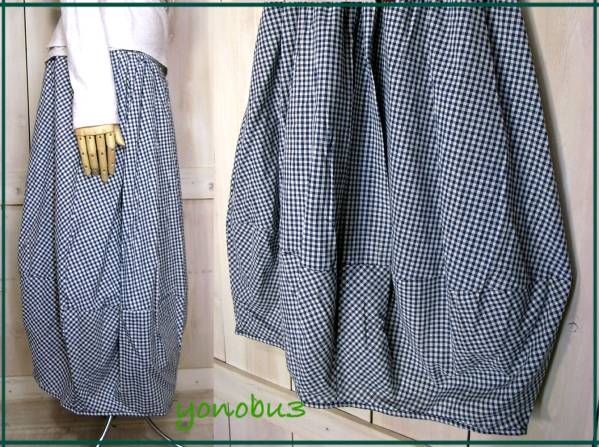 ギンガムミニチェック立体切替バルーンスカート*紺B6066M～L