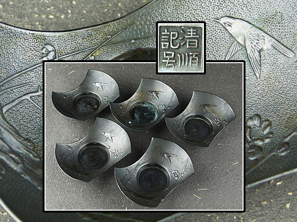魁】清順記号造 古銅 梅木鳥図 分銅形茶托 五客 茶道具 古錫 茶入