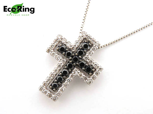 1円 K18WG×ダイヤ×ブラックダイヤ クロス ネックレス GK854 K18
