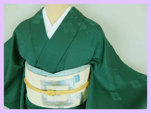 ◆衣紋屋◆9396 色無地着物 一つ紋付 単衣 深緑 正絹 *****