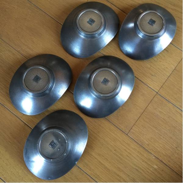 間村自造 本錫 茶托 5客 四君子 小判型 時代 煎茶道具 古錫 間村自造