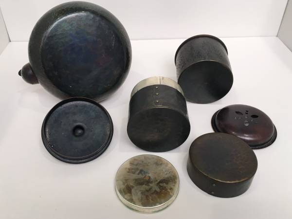 玉川堂 1940～50年代 やかん 茶筒 茶箕 茶托 建水 銅瓶 茶器 セット 建水 玉川堂 茶筒 茶箕 セット 1940～50年代 銅製 茶道具 茶器揃 茶器