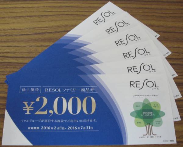 ☆リソル 株主優待 RESOL ファミリー商品券 2000円×6枚