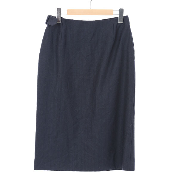 HERMES サイドベルトデザイン 膝下丈ウールスカート 38