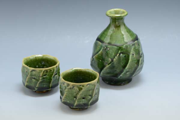 ♦京焼！ 木村宜正（木野窯） ☆織部面取・酒器揃え☆ ギフト 新品 ぐい呑 杯