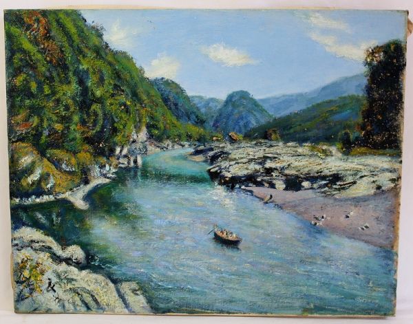 鈴木良男 作　F6　秩父長瀞　風景画　油彩　肉筆　額装 ガラス付