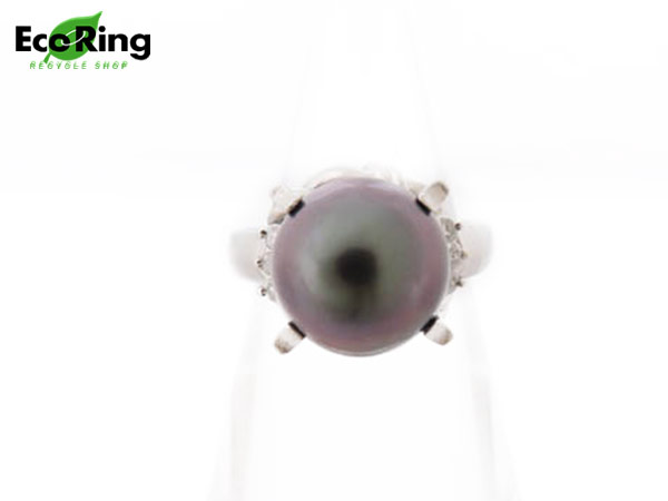 1円 Pt900×黒蝶真珠φ1cm以上×ダイヤ デザイン リング HG769