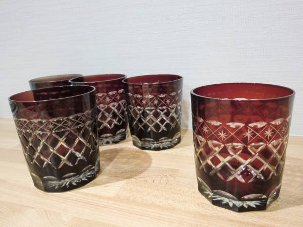 切子、ロックグラス【赤色.5個セット、未使用品】813 グラス、デカンタ