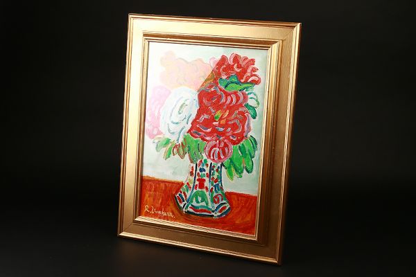 【花】梅原龍三郎画 油彩 『牡丹』油絵 肉筆保証 額装