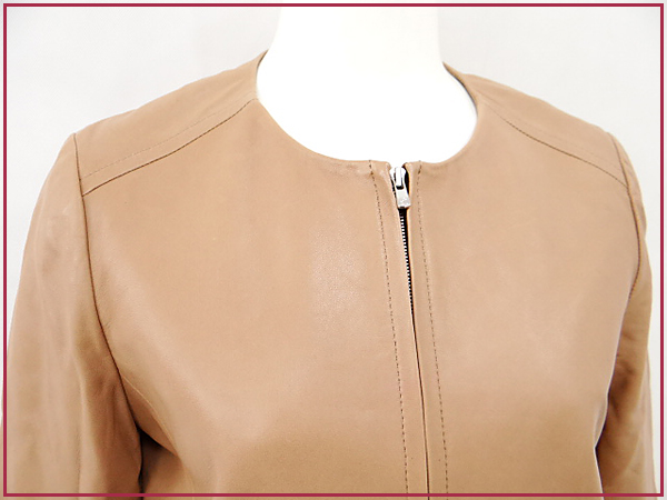 SALE，定番 1円 ボールジー ノーカラー レザー ジャケット 36 ベージュ系