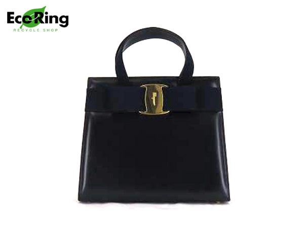 1円 美品 フェラガモ ヴァラ レザー ハンドバッグ 黒×紺 EV863