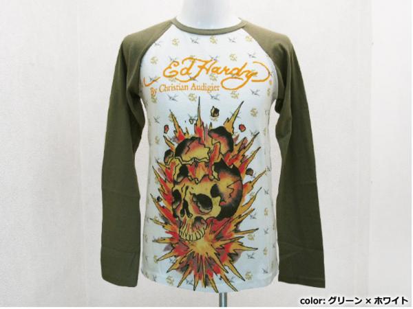 EdHardyラグラン長袖TシャツD緑×白メンズL/エドハーディ男性Tee