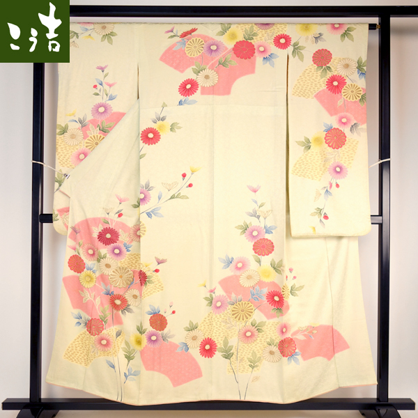 【こう吉】中古 正絹 京友禅扇面・菊柄 振袖【リ】