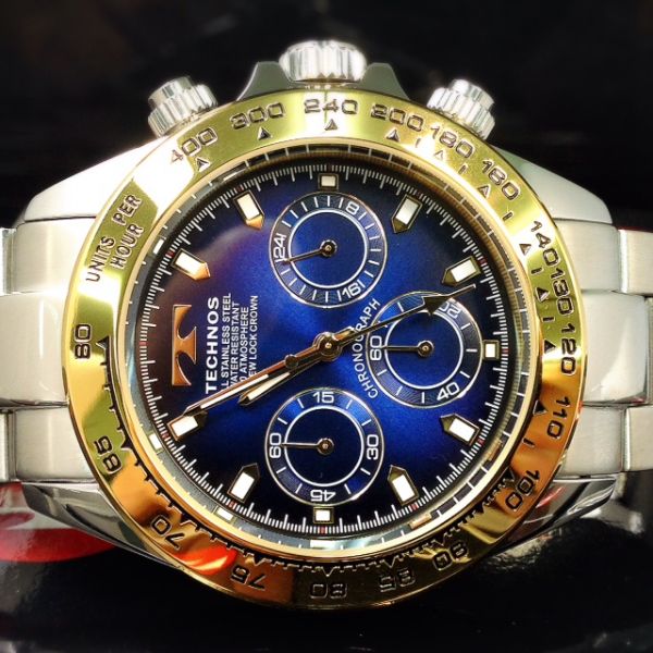 TECHNOS テクノス 正規品クロノグラフ腕時計ブルー×ゴールド