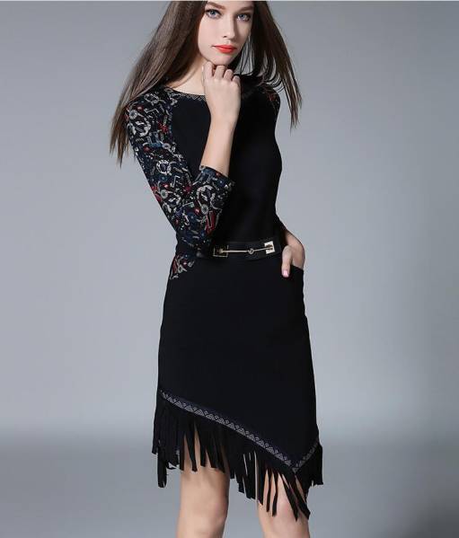 2016秋冬　ドレスワンピース二次会　欧風　フリンジ　セクシー