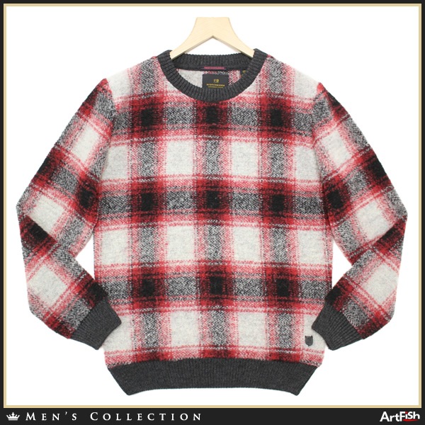 15秋冬SCOTCH&SODA◆赤系ぼかし格子ミドル丸首ニットc913*L新品