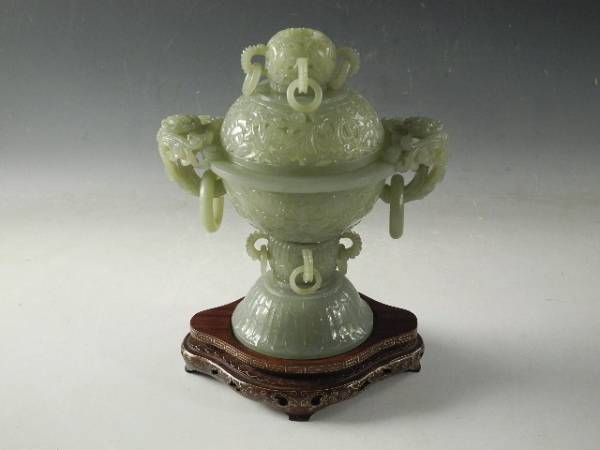 ◇伯◇中国 玉 唐草 透彫刻 遊鐶 香炉 金象嵌 唐木台 17e2