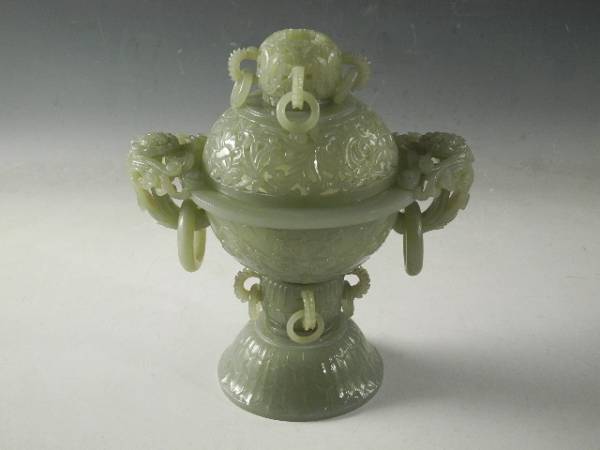 ◇伯◇中国 玉 唐草 透彫刻 遊鐶 香炉 金象嵌 唐木台 17e2