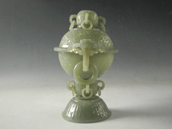 ◇伯◇中国 玉 唐草 透彫刻 遊鐶 香炉 金象嵌 唐木台 17e2
