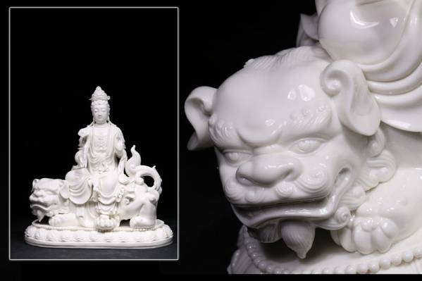 中国 徳化窯 白磁 文殊菩薩像 極優品 徳化窯白磁蓮座獅子に文殊菩薩 高34cm R25Z01A 徳化窯 【公式通販】