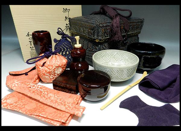 緑屋*亀■茶道具 和田菁竺 御所籠 共箱付/茶碗 香合 棗*8