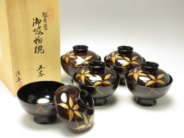 余韻】 天然木製 牡丹文沈金付 吸物椀揃（5客）☆時代物
