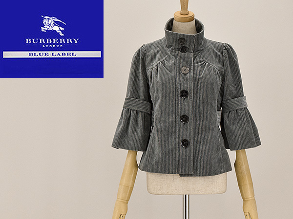 T1307■美品■BURBERRY BLUE LABEL■ベロアショートコート 6部丈袖■38■グレー