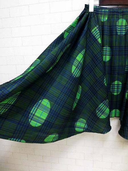 プリーツプリーズ スカート フレア 変形 プリーツ 水玉 2 緑 PLEATS