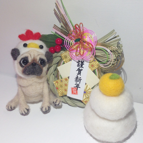 お正月 パグさん しめ飾り 羊毛フェルト ハンドメイド パグ 犬