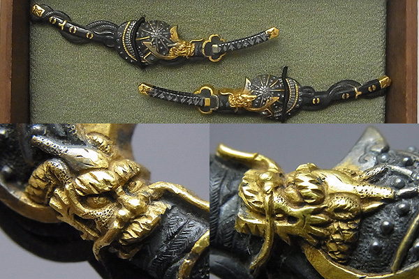 お得，本物保証 名作目貫！赤銅地『太刀に兜』図容彫象嵌色絵