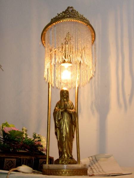 アンティークフランス マリア様 リボン装飾 大理石 ランプ レア