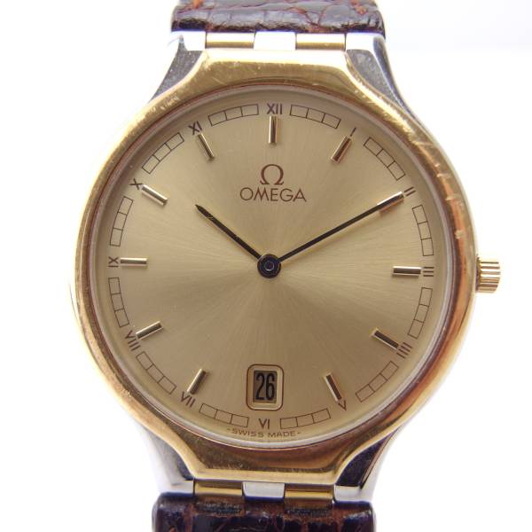 オメガ メンズ K18 ベゼル QZ腕時計 日付 純正 クロコBT RR722