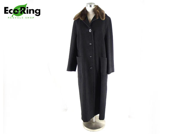 1円 マックスマーラ ファー付 ウール ロングコート 42 黒 AJ354