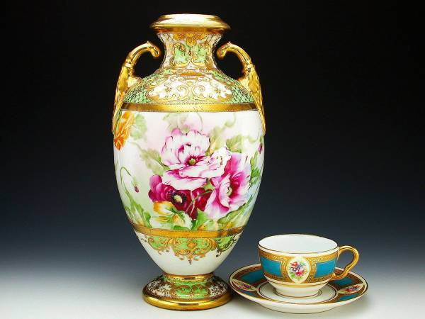 1842 オールドノリタケ 双耳花紋花瓶 時代物 オールドノリタケ 金彩 