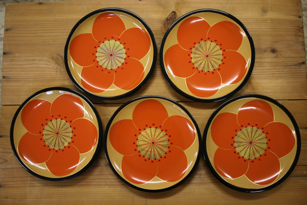 梅花漆絵　木皿　五脚揃　　検）茶道懐石道具　手仕事　美の壺　マリメッコ