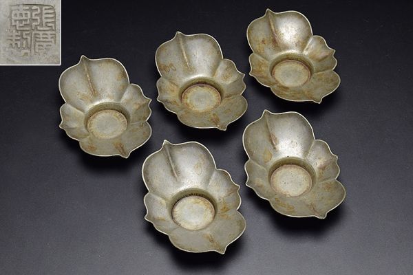 【張廣徳製款古錫剣木瓜式茶托五客】 中國唐物煎茶道具錫器茶器茶具托子