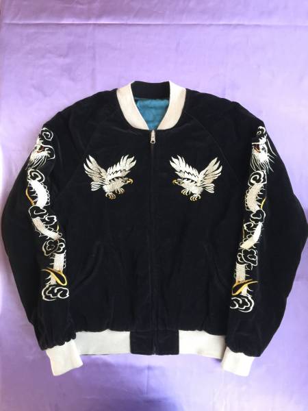 美品 当時物 ビンテージ 別珍スカジャン リバーシブル 鷹 昇り龍 黒 M ブルー YKK 激レア