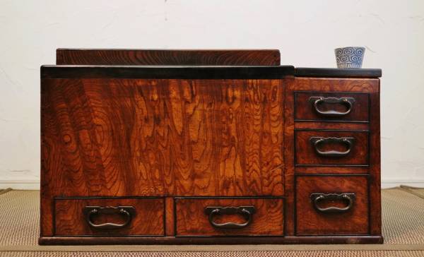 時代 大型 関東火鉢 欅 玉杢 泡杢 黒柿 無垢 江戸長火鉢 囲炉裏